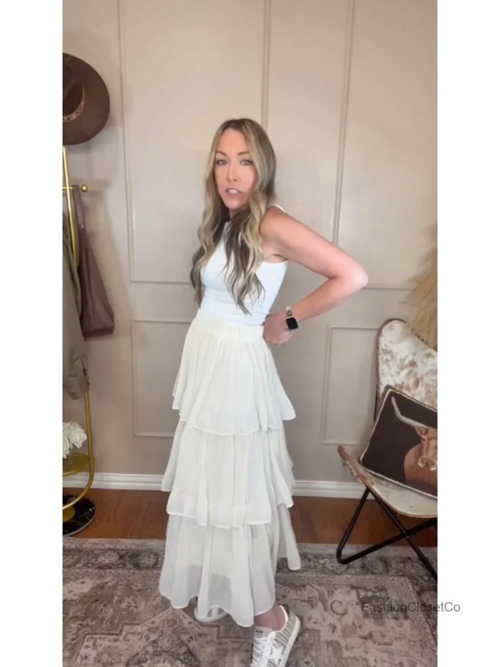 Chiffon Tiered Ruffle Maxi Skirt High Waist A-Line Flared Pleated